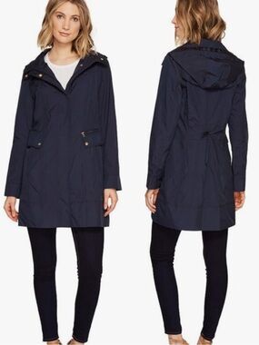 LN Cole Haan Signature Indigo Blue Back Bow Packable Hooded Raincoat Jacket - M